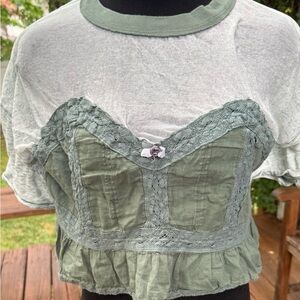 Y2K Free People Olive Green Lace-Trim Ruffle Crop Top